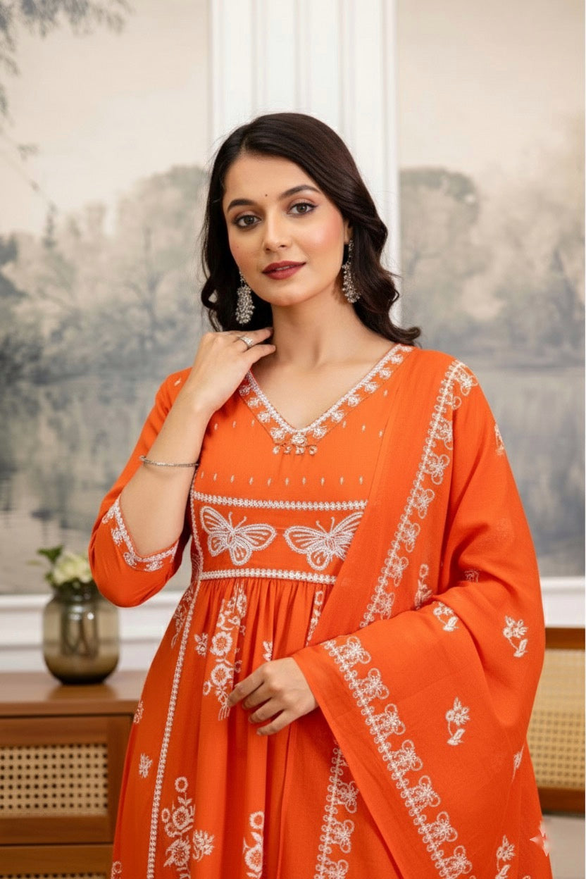 Floral Cotton Kurti Pant Dupatta Set – Thread & Lace Orange