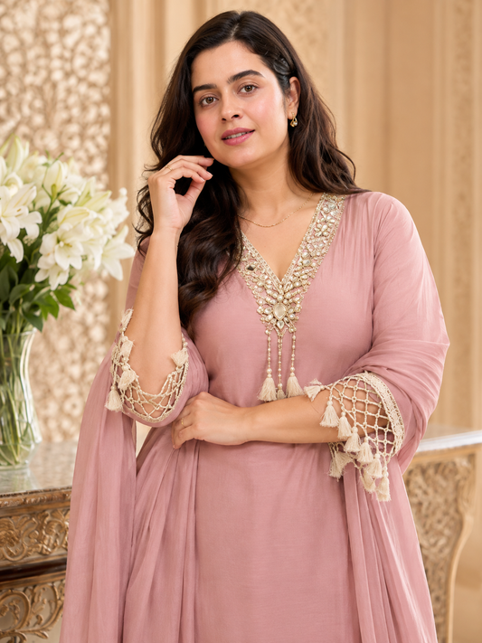 Anami festive Mul chanderi kurta set with silk dupatta pink