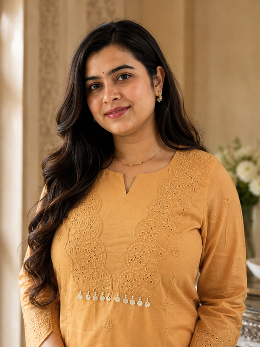 Mehar premium chikankari cotton Kurta & Pant with cotton lining orange