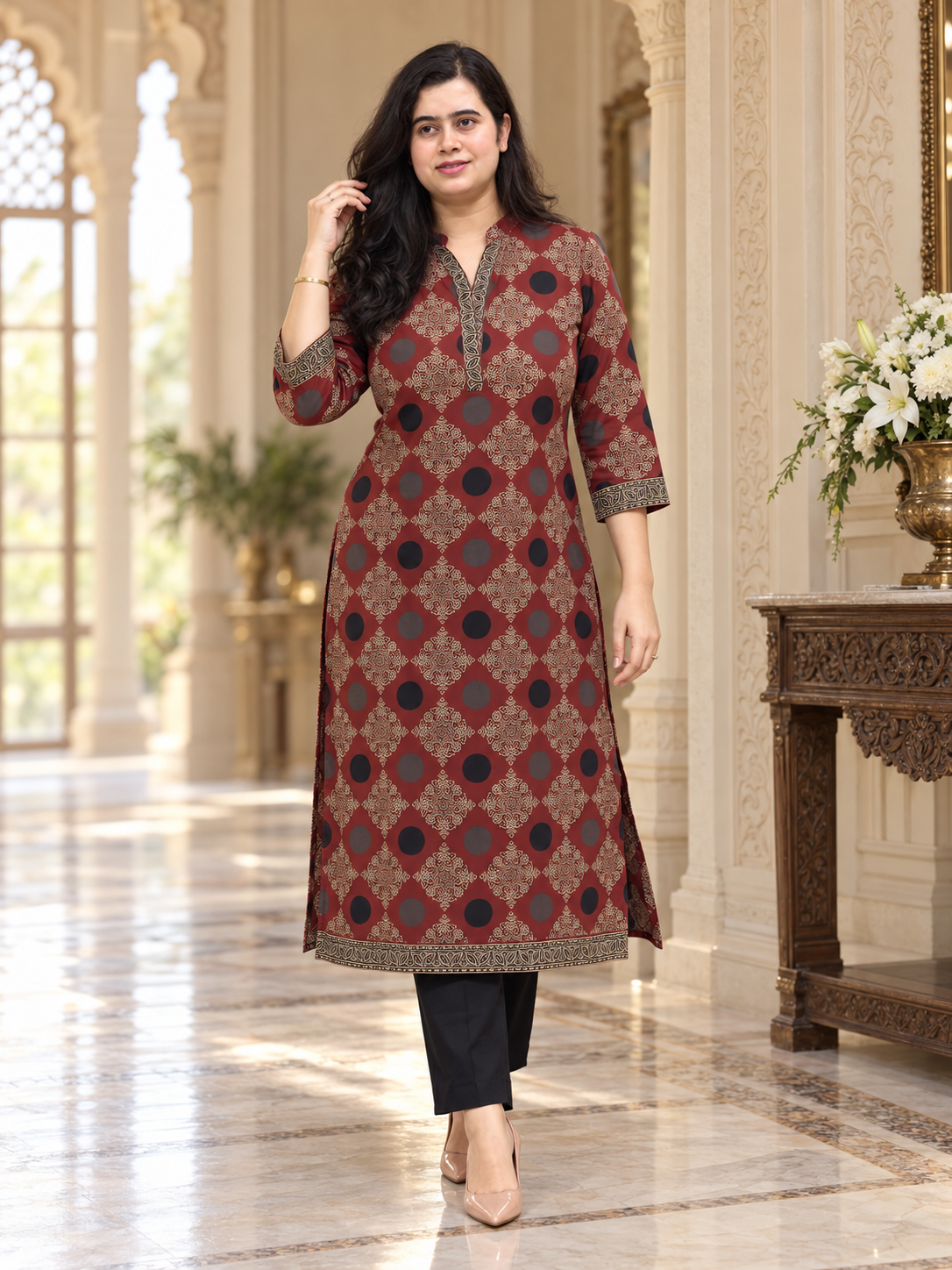 Madhubani pure cotton kurti for women( maroon)
