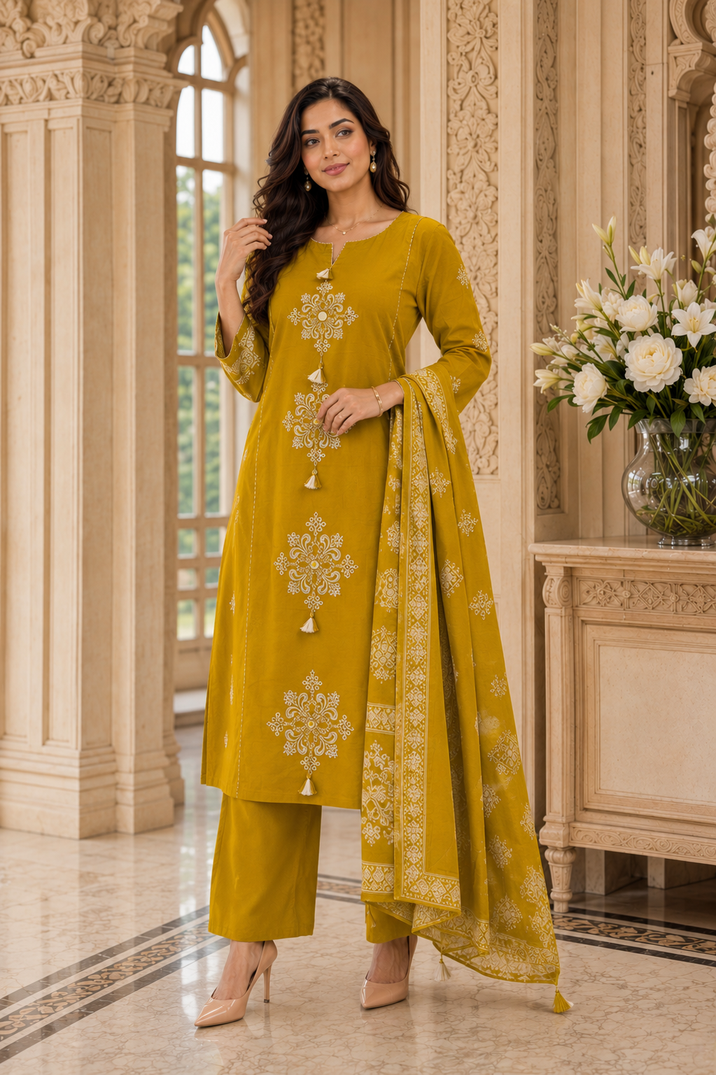 Noor thread work cotton kurta set with pants & dupatta