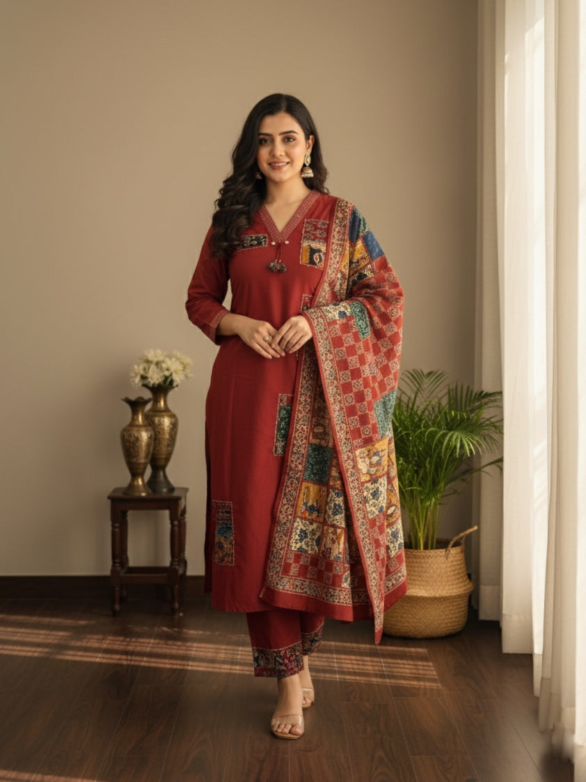 Stylish Ajrakh Patchwork Cotton Suit Set