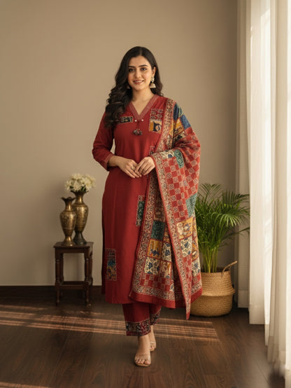 Stylish Ajrakh Patchwork Cotton Suit Set
