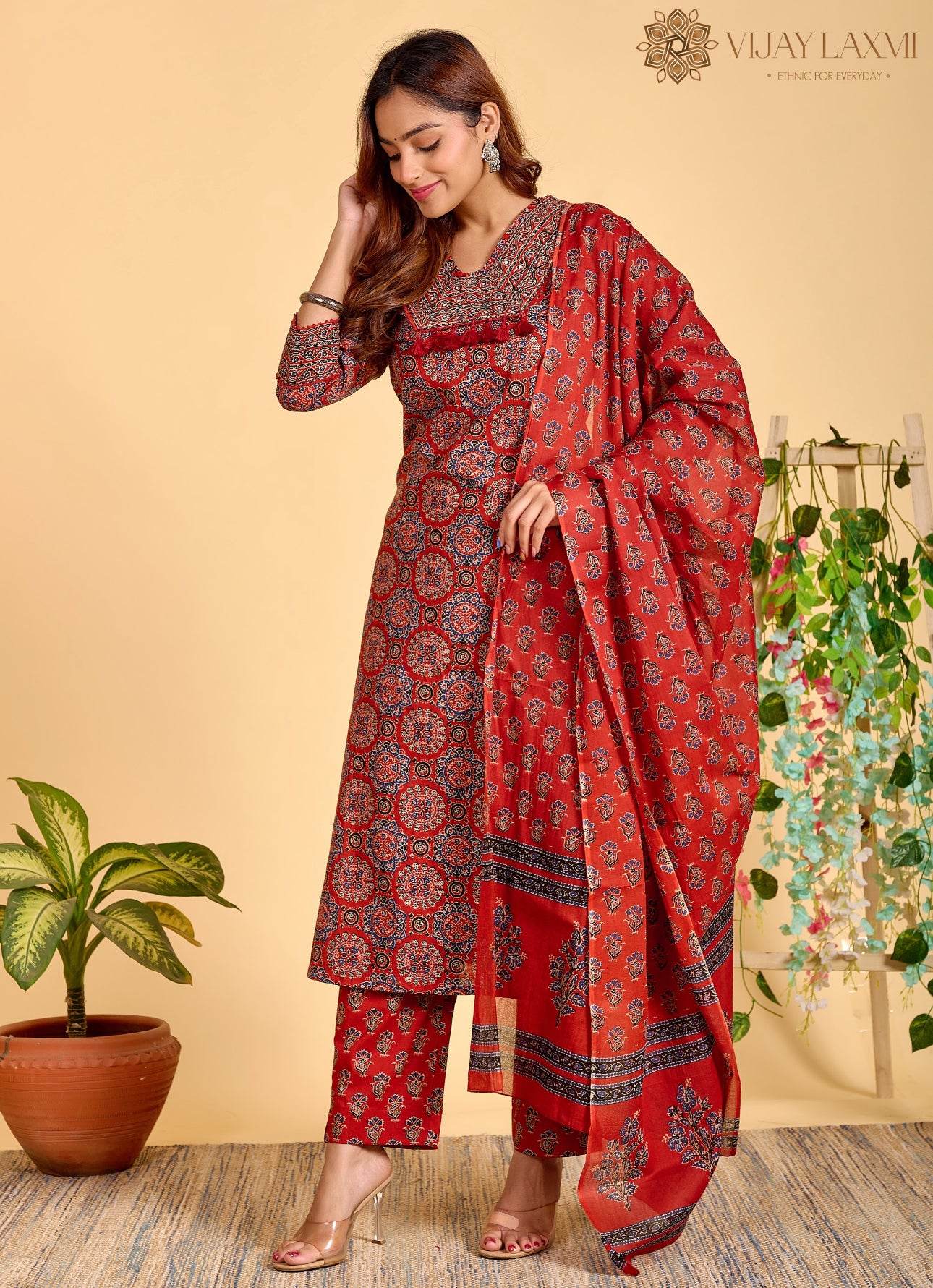 Ajrakh Printed Cotton Suit For Women - Vijay Laxmi