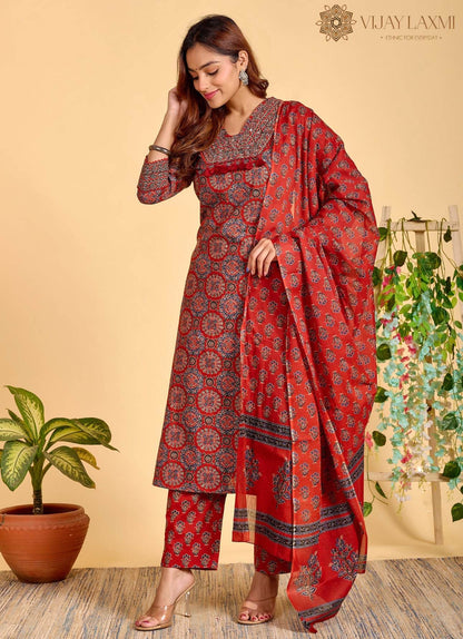 Ajrakh Printed Cotton Suit For Women - Vijay Laxmi