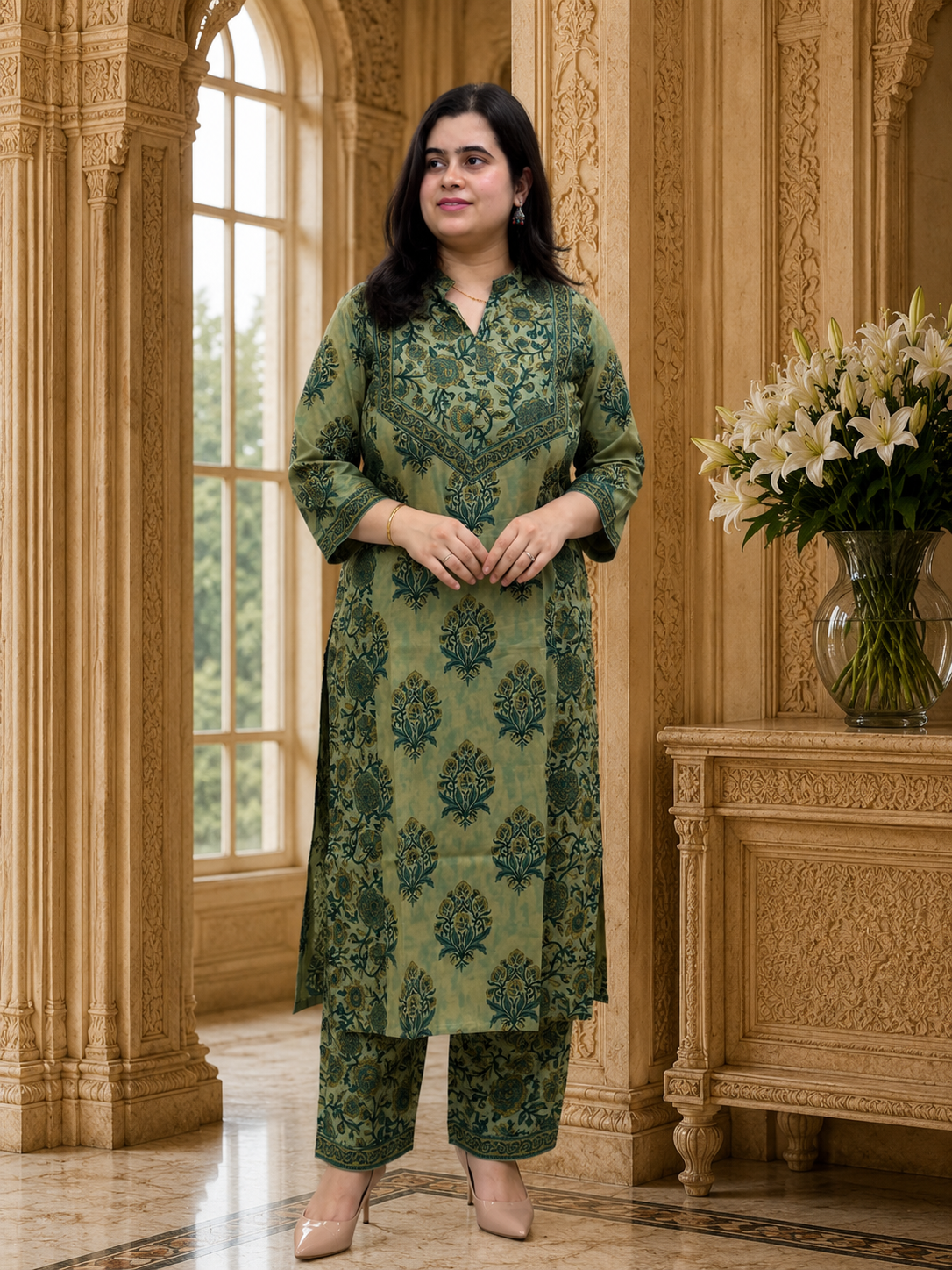 Gazal Cotton kurta set for women green