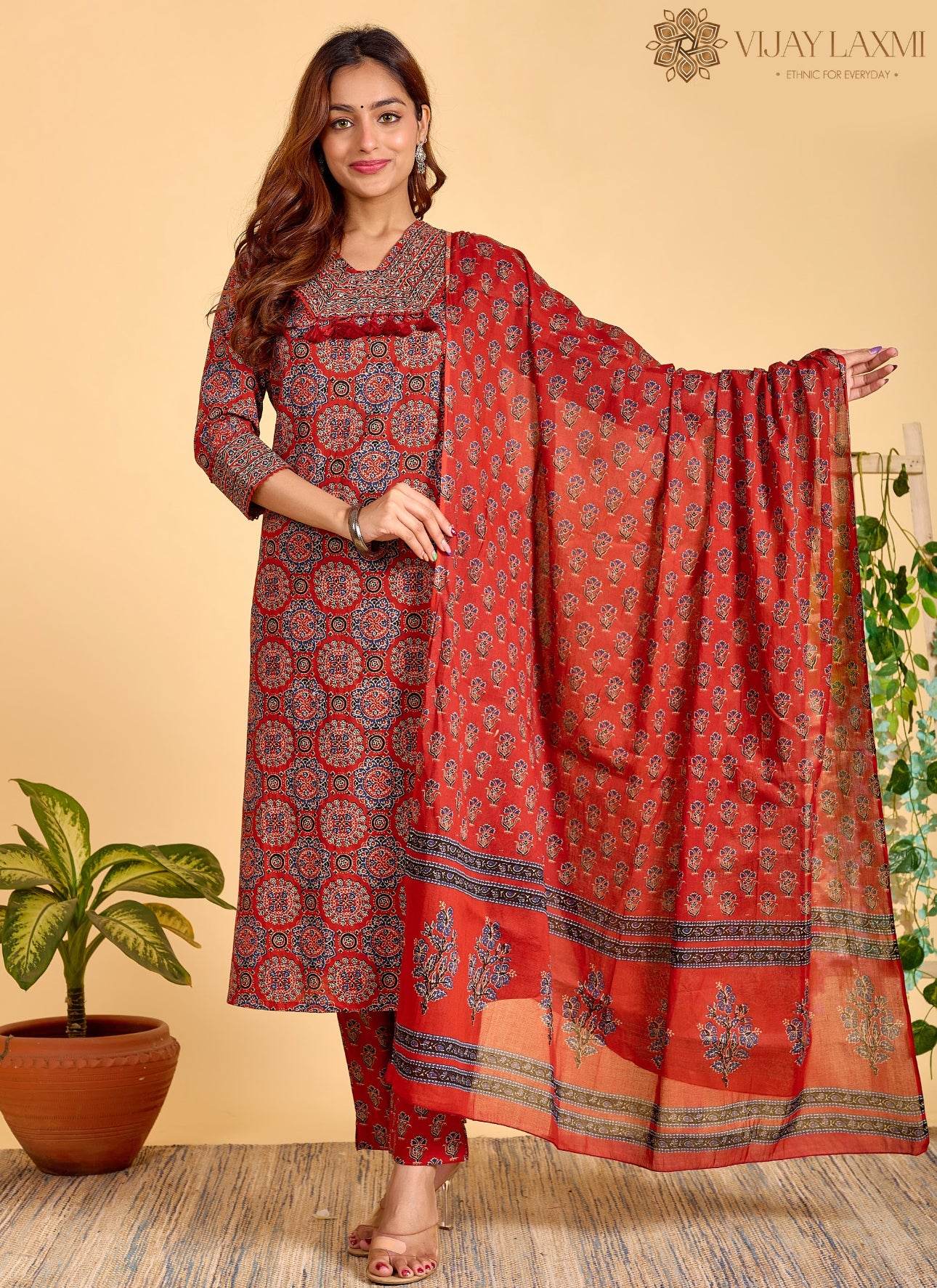 Ajrakh Printed Cotton Suit For Women - Vijay Laxmi