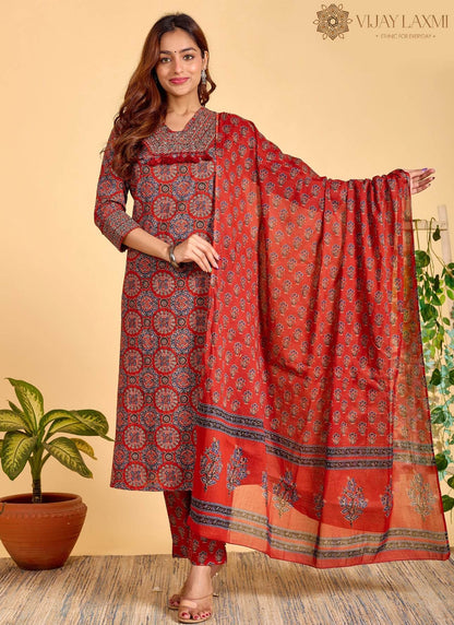 Ajrakh Printed Cotton Suit For Women - Vijay Laxmi