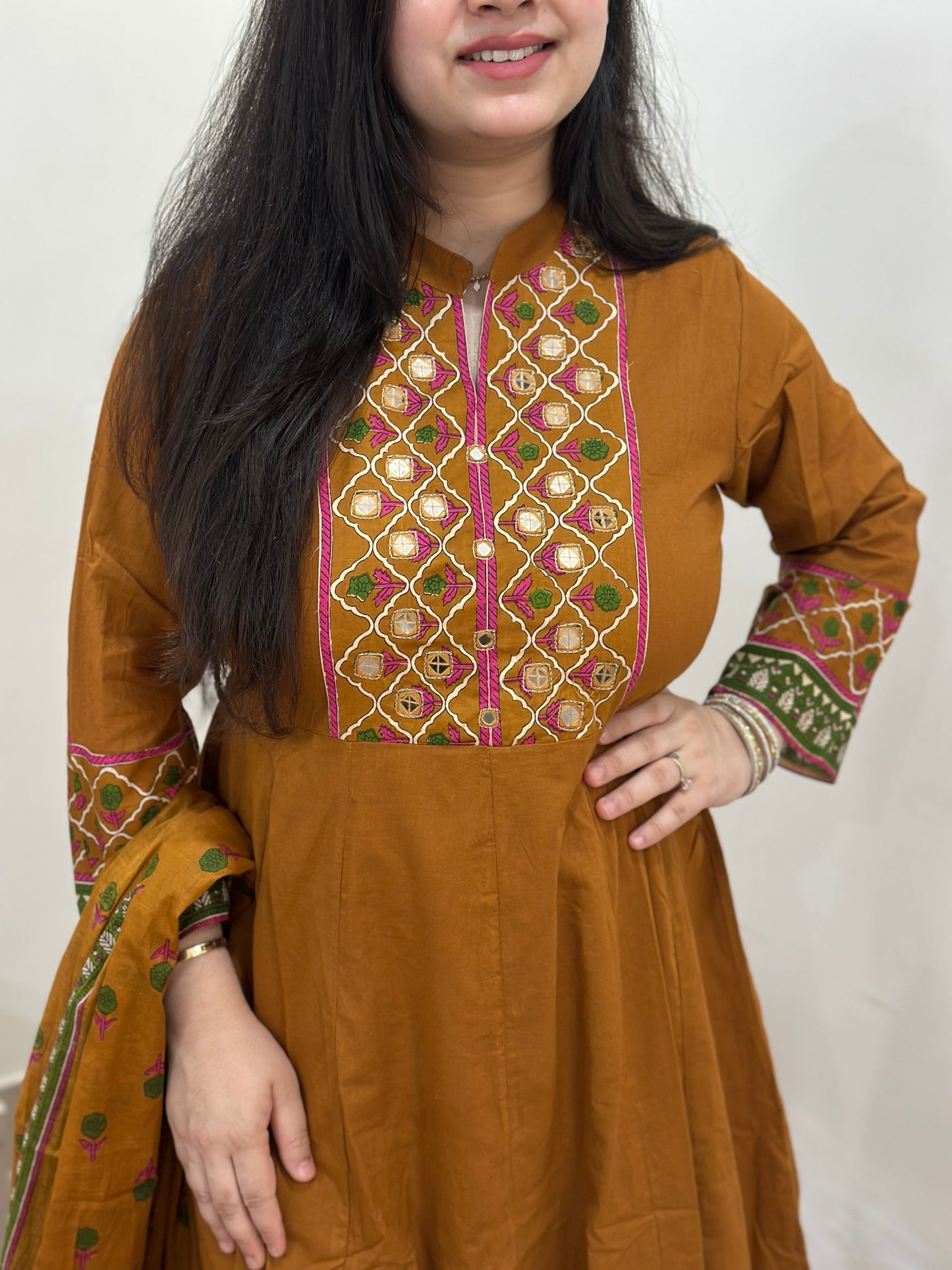 Gulzar Anarkali Cotton kurta Set with dupatta mustard