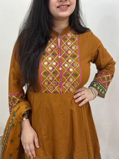 Gulzar Anarkali Cotton kurta Set with dupatta mustard