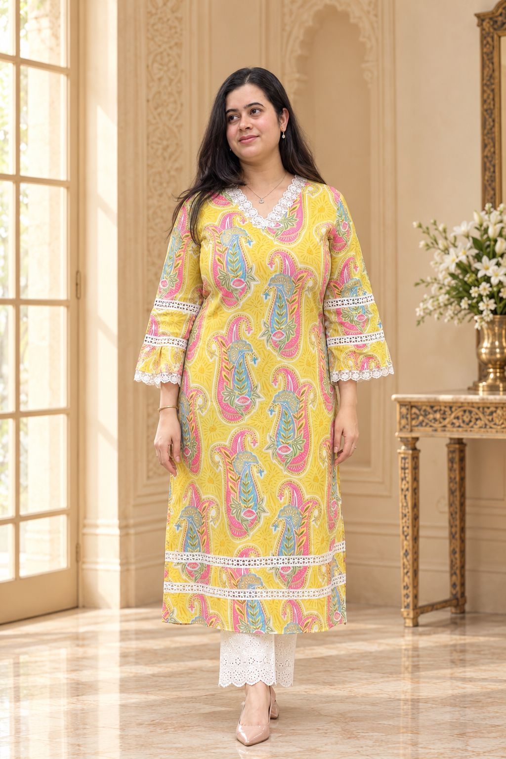 Sunehri pure cotton kurti for women yellow