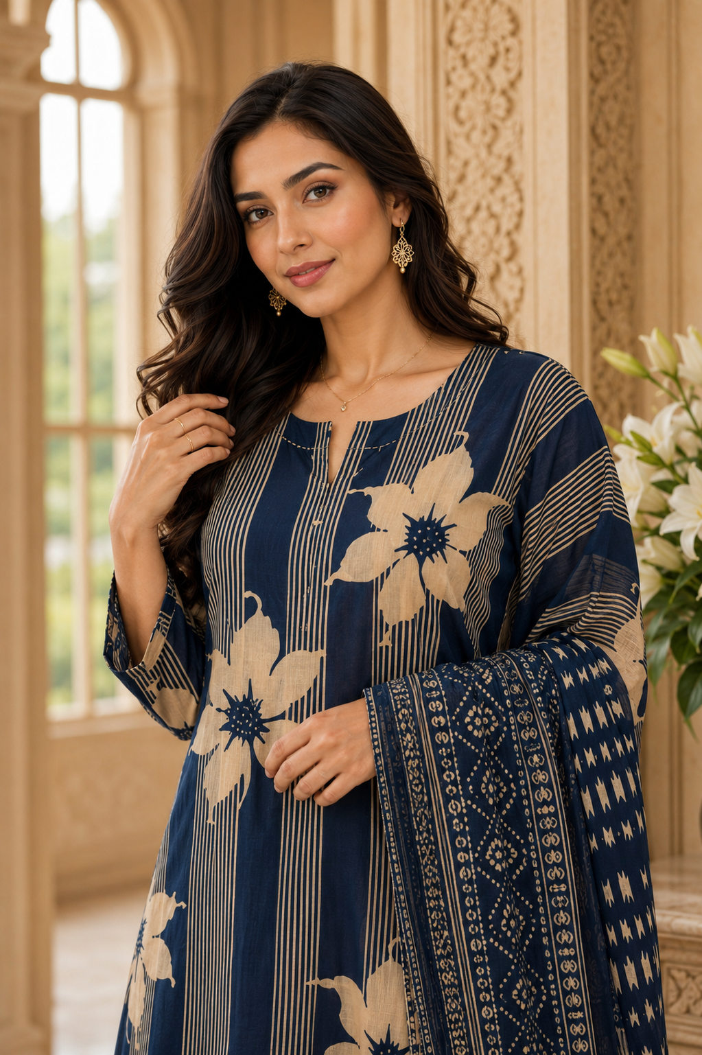 Noor cotton kurta set with pants & dupatta blue
