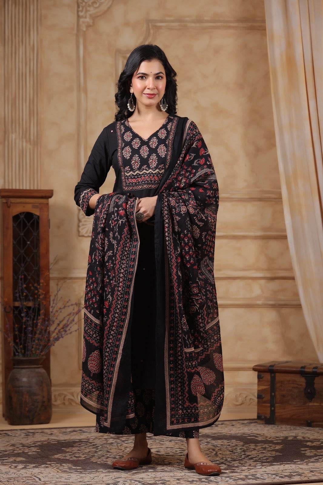 Ajrakh Printed Cotton Suit For Women - Vijay Laxmi