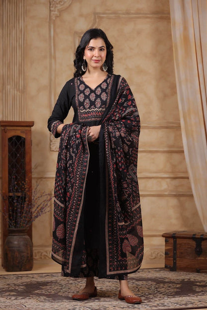 Ajrakh Printed Cotton Suit For Women - Vijay Laxmi