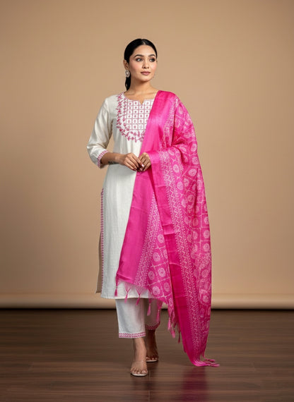 Off White Embroidered Cotton Flex Suit Set with Cotton Silk Dupatta