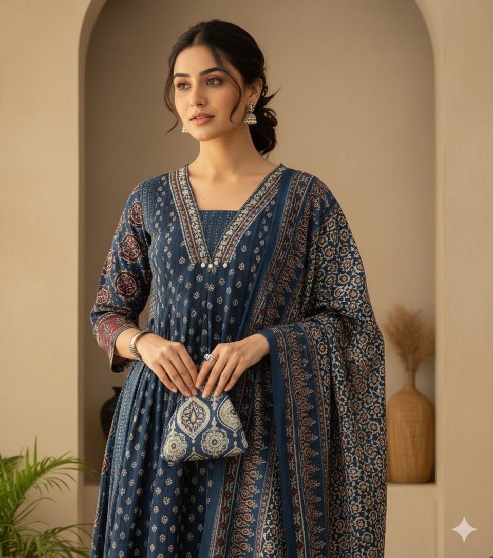 Mehar Anarkali Cotton Kurti Pant Dupatta Set – Thread & Lace Work (Only Pre-booking)