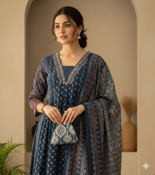 Mehar Anarkali Cotton Kurti Pant Dupatta Set – Thread & Lace Work (Only Pre-booking)