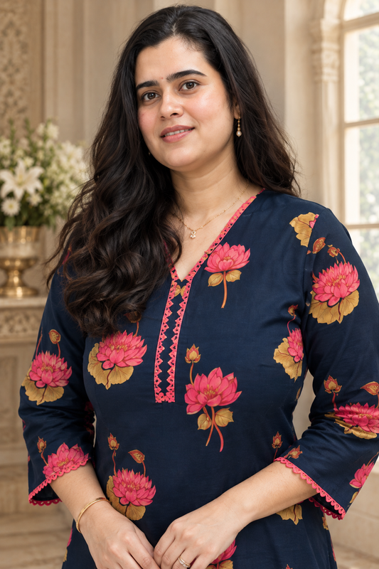 Navy Blue Floral Printed Kurta Pant Set for Women