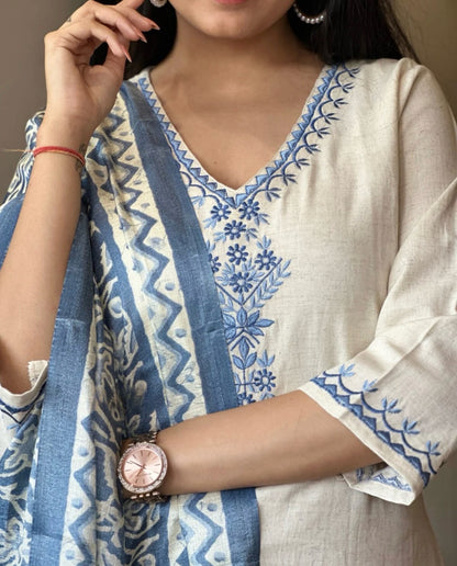 Off White Embroidered Cotton Flex Suit Set with Cotton Silk Dupatta