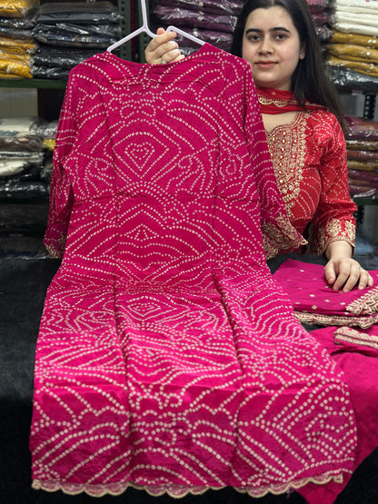 Maharani Handcrafted Bandhej  Embroidery Suit Set Pink