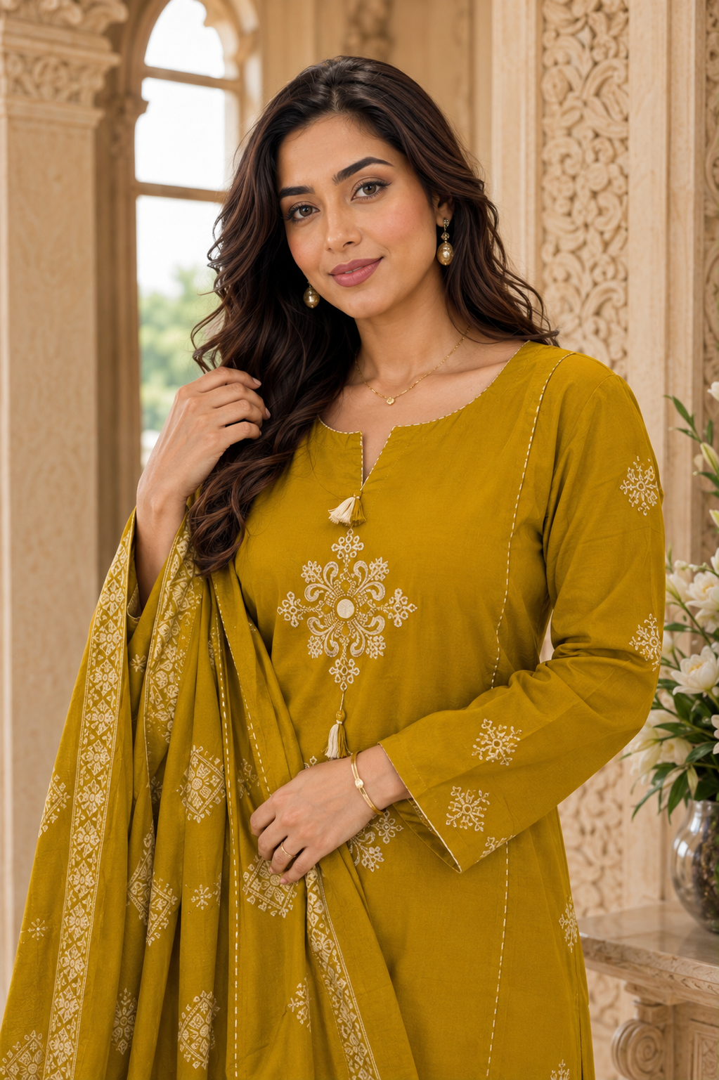 Noor thread work cotton kurta set with pants & dupatta
