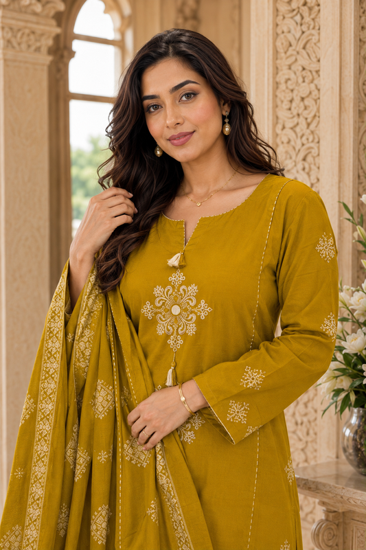 Noor thread work cotton kurta set with pants & dupatta