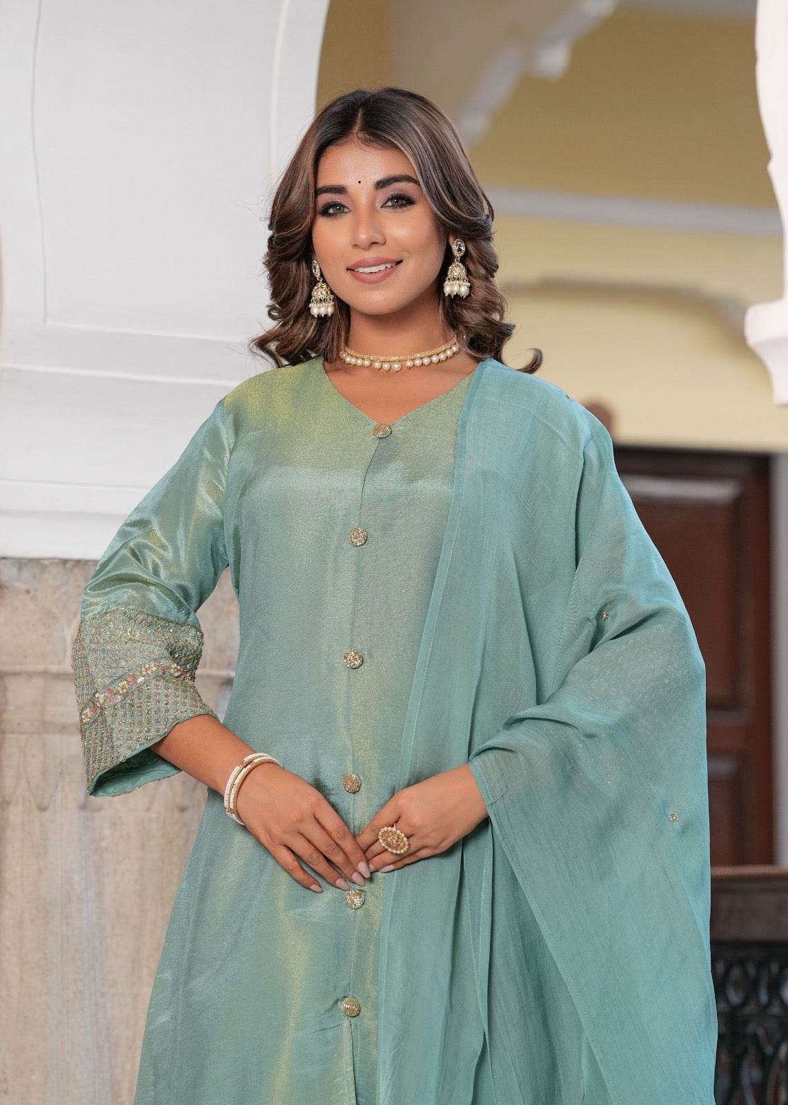 Shimmer Silk suit For Women Aqua - Vijay Laxmi