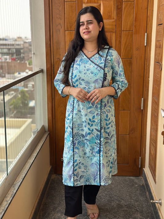 Gulmohar Cotton kurti for women angrakha blue