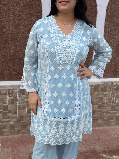 Gulmohar Chikankari Cotton Cord Set for women blue