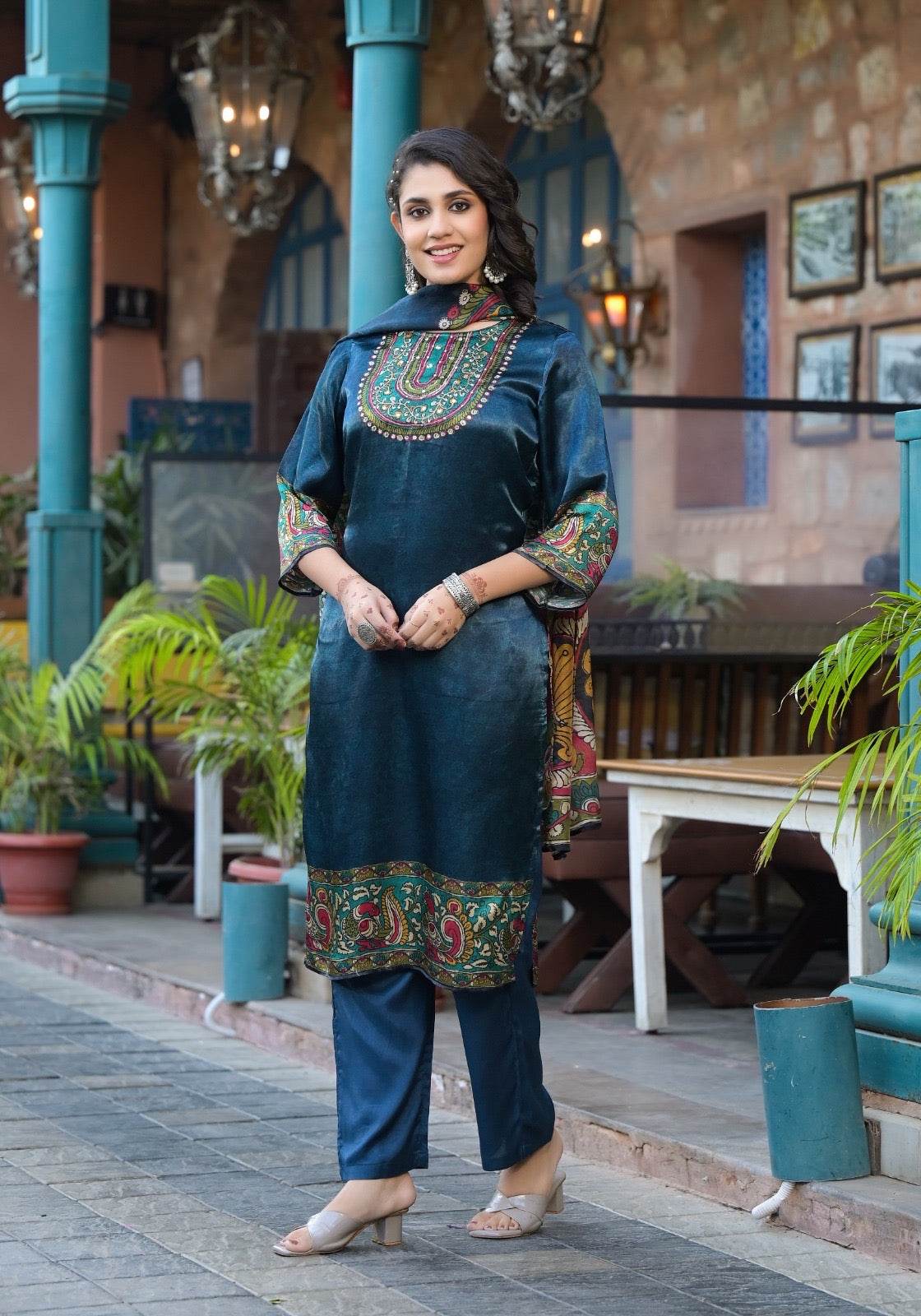 Soft Gajji Silk Suit For Women Peacock - Vijay Laxmi