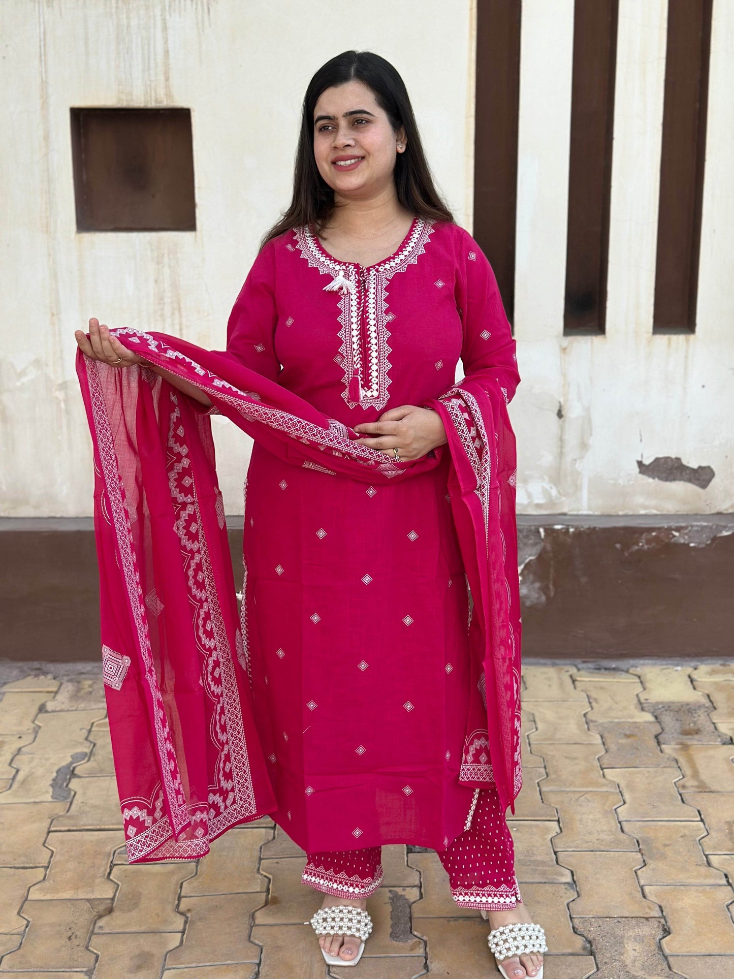 Cotton Flex kurta set with pants & dupatta - Vijay Laxmi