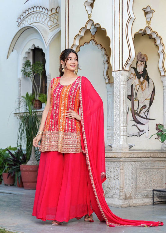 Dola Silk Peplum Suit with Sharara - Vijay Laxmi