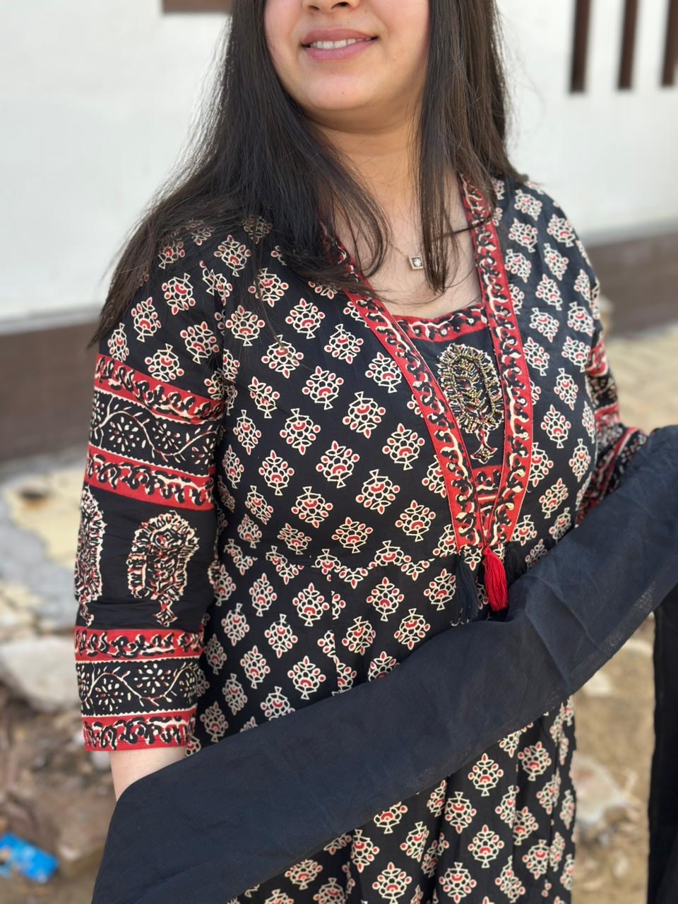 Aarohi Cotton Frock suit with dupatta & pants Black