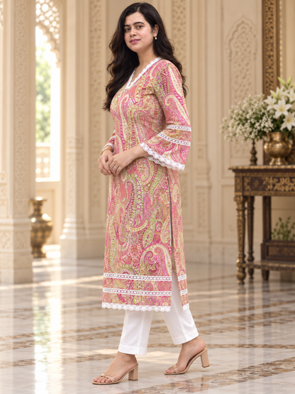 Madhubani pure cotton kurti for women pink
