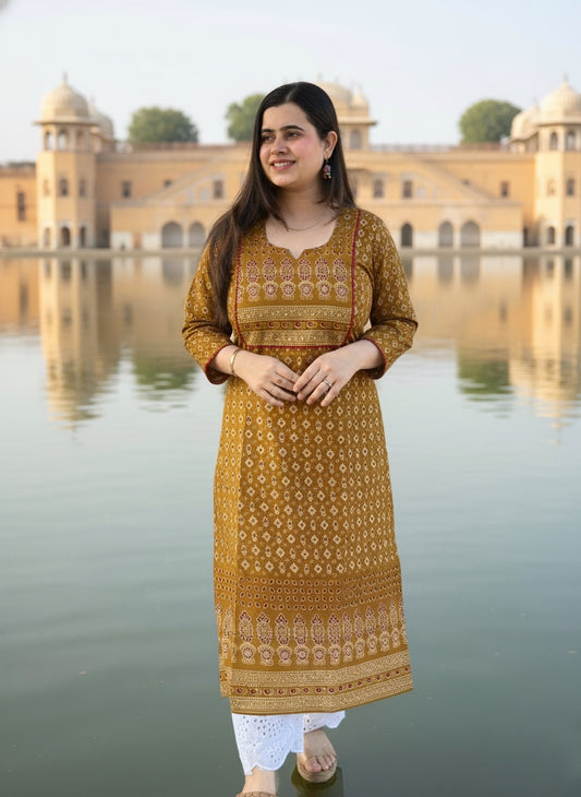 Airy Cotton Arjakh Kurti for women mustard