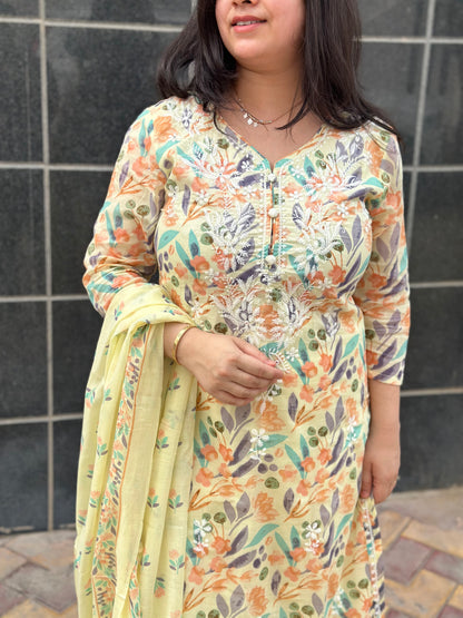 Gulmohar Mulmul Cotton kurta Set with pant & dupatta