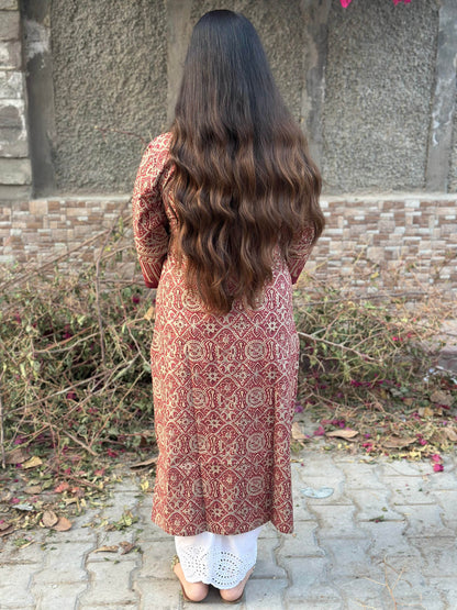 Airy Bagru Cotton Kurti for women rust - Vijay Laxmi