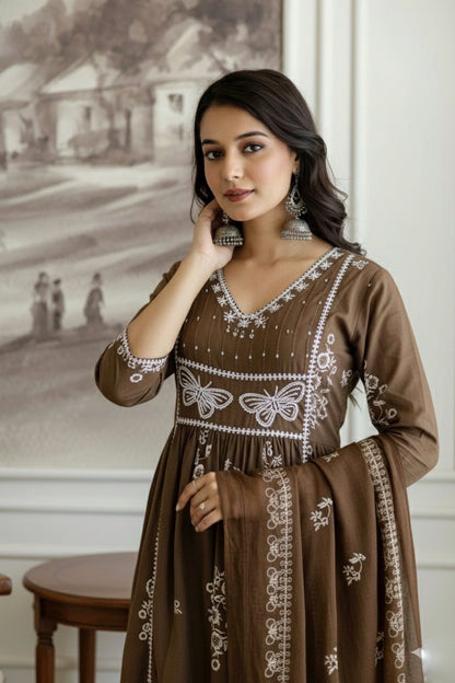 Floral Cotton Kurti Pant Dupatta Set – Thread & Lace Brown