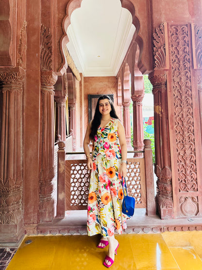 Floral Cotton Jacket Top & Maxi Skirt Set With Lining- Summer Floral Two-Piece