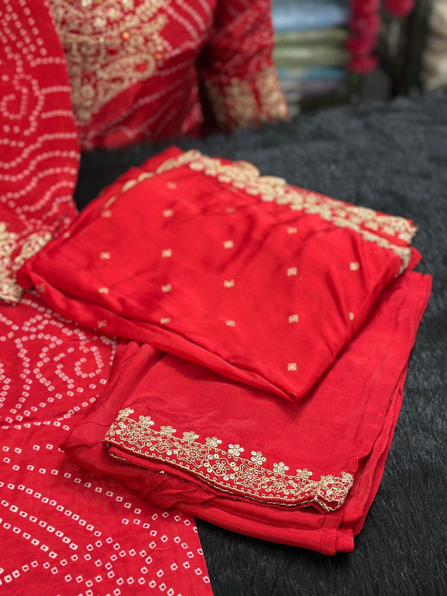 Maharani Handcrafted Bandhej  Embroidery Suit Set Red