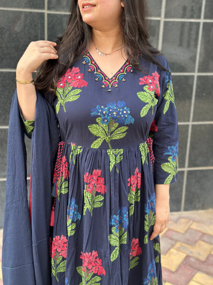 Gulmohar Anarkali Cotton kurta Set with dupatta