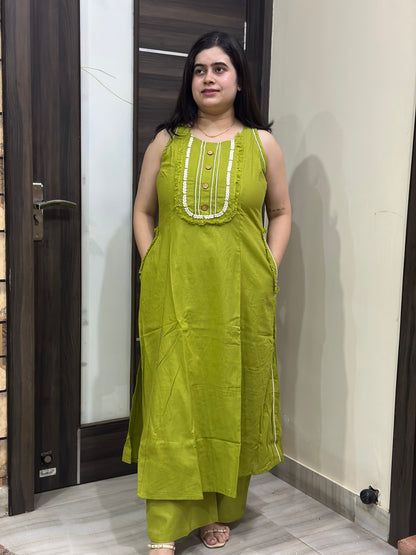 Anami Sleeveless Cotton Kurta set Green