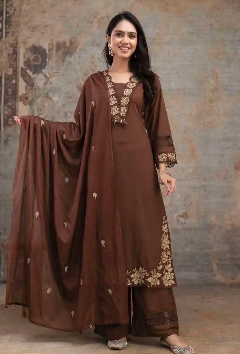 Gaurangi Embroidered Cotton Kurti Pant Dupatta Set – Thread & Lace Brown