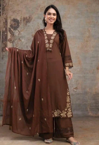 Gaurangi Embroidered Cotton Kurti Pant Dupatta Set – Thread & Lace Brown