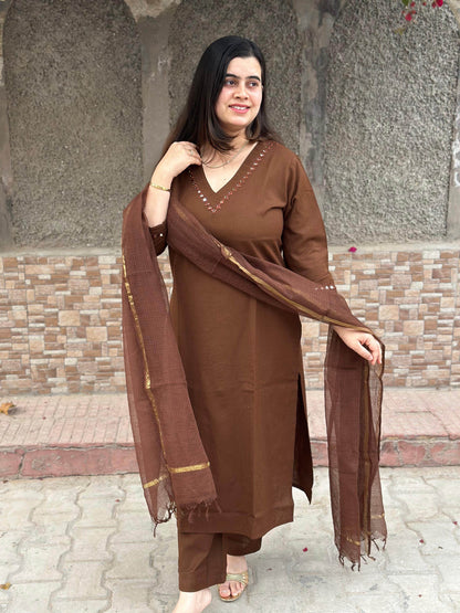 Brown cotton kurta set with dupatta - Vijay Laxmi