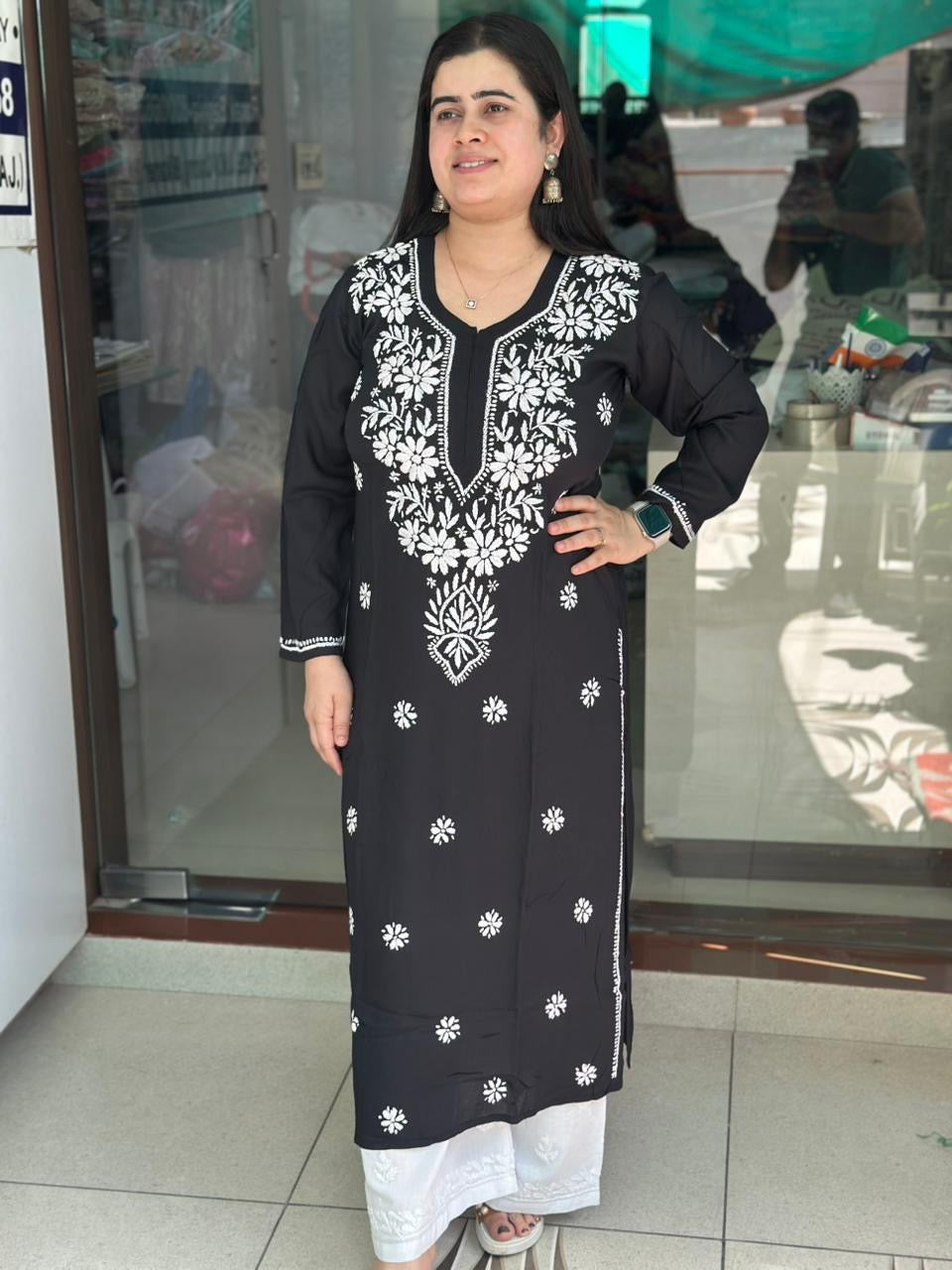 Chikankari Modal Kurti Black