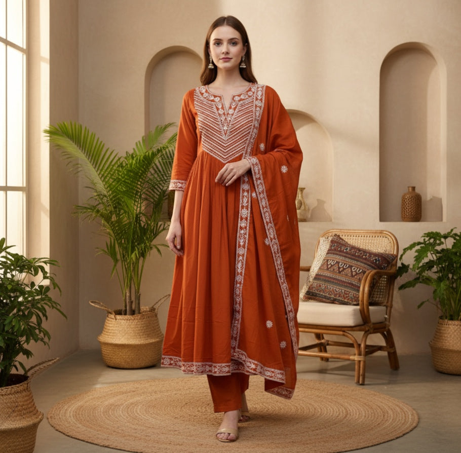 Premium Cotton Designer Thread Embroidered Anarkali Suit Set