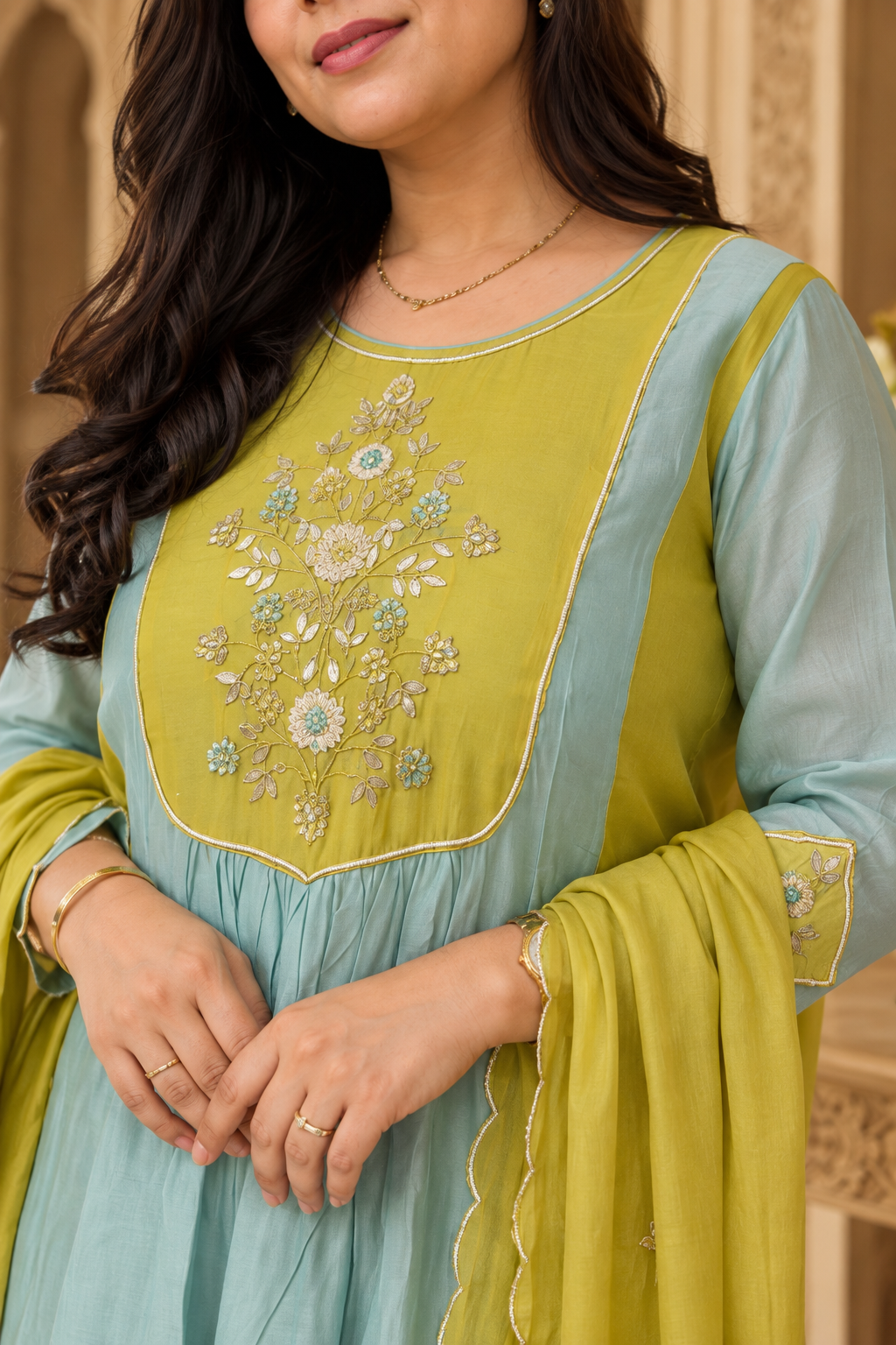 Anami festive Mul chanderi kurta set with silk dupatta