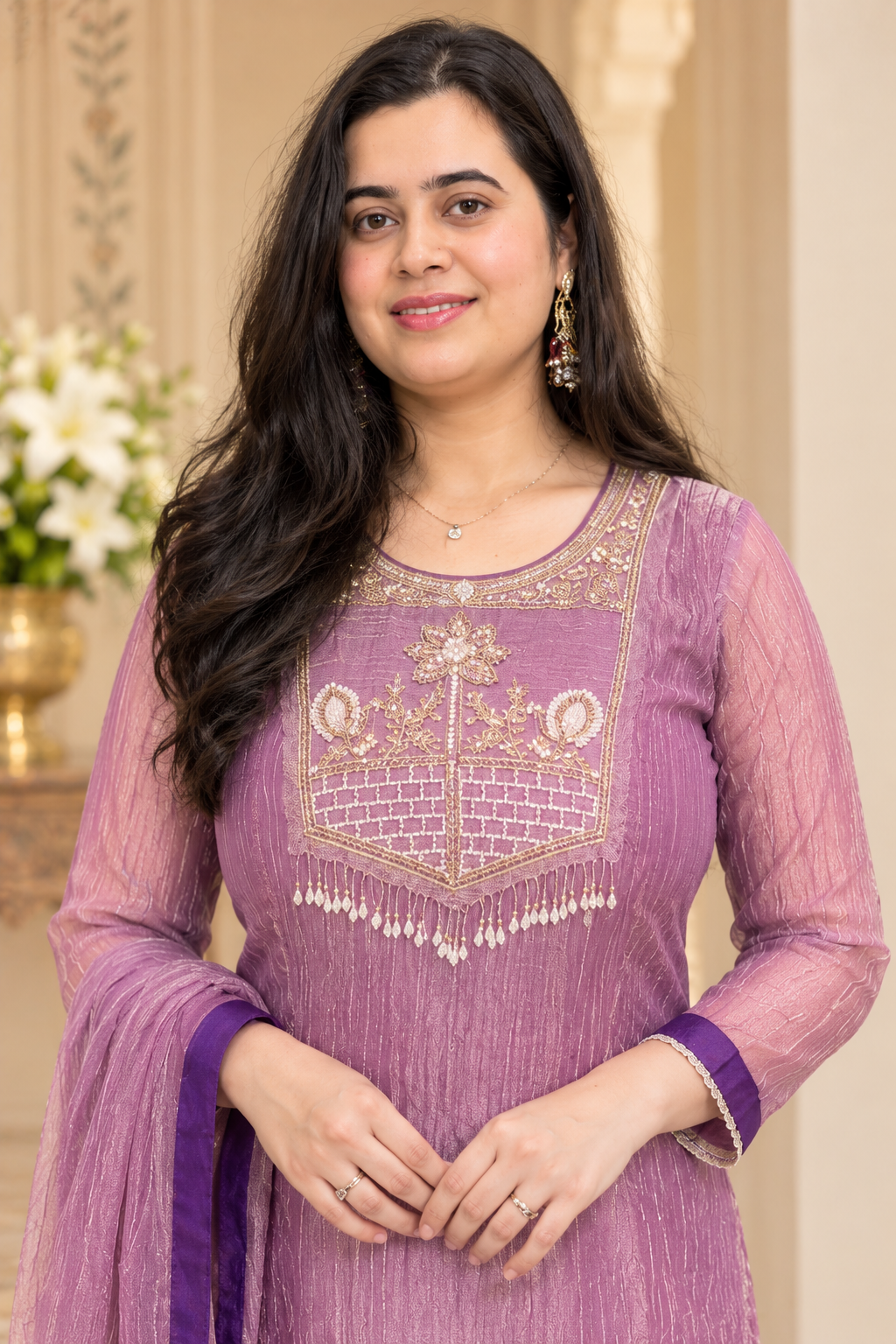 Nazara Mauve Tusser Silk Suit Set with Embroidered Neckline & Cotton Lining