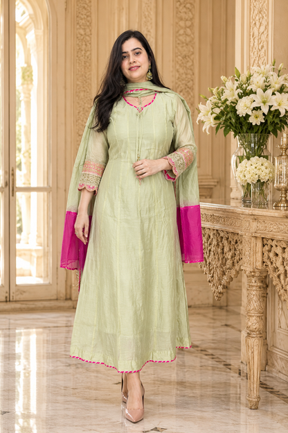 Nazara festive mul chanderi anarkali kurta set with pant & dupatta